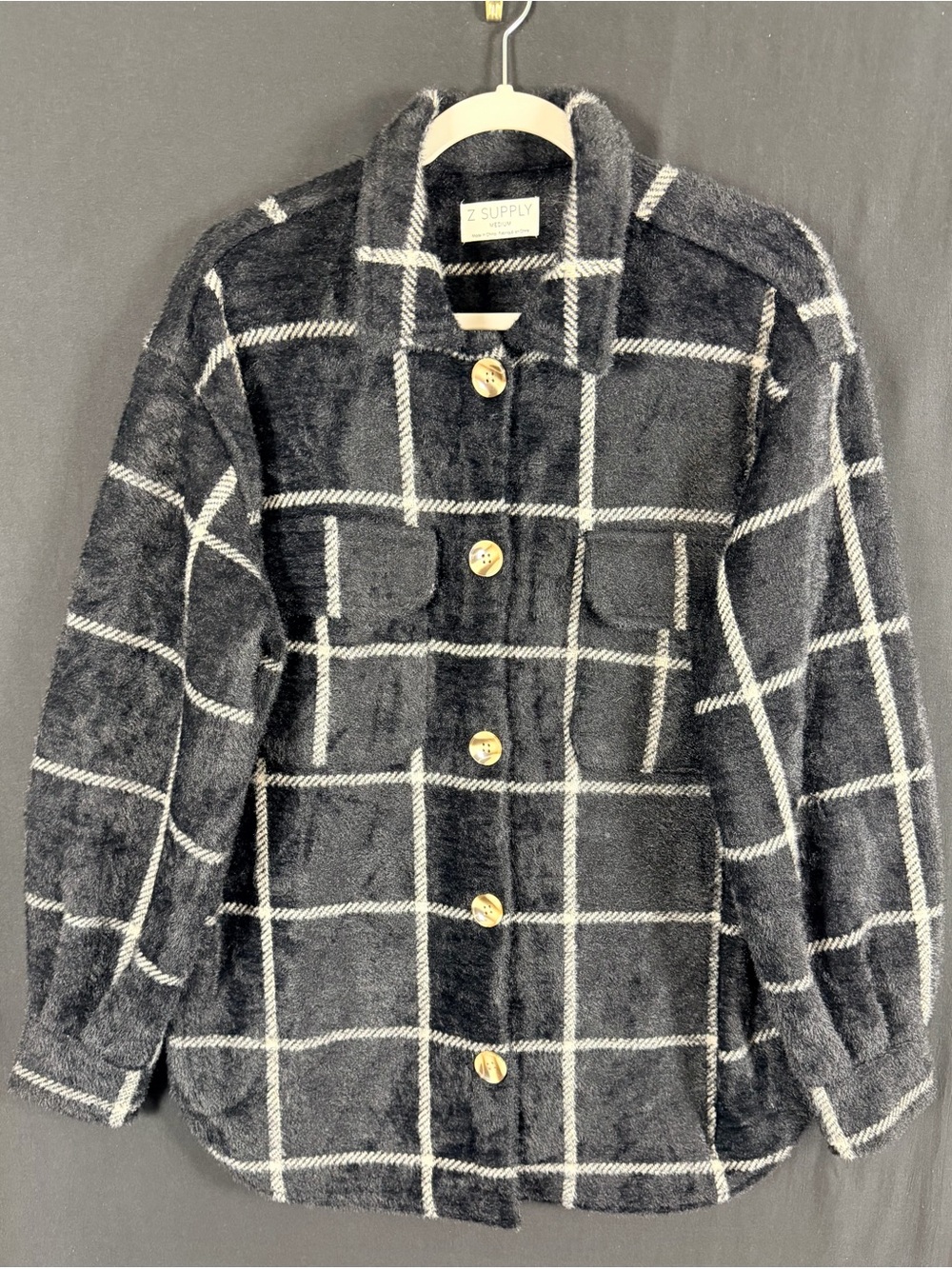 Z Supply Black & White Windowpane Faux Fur Shacket thick Soft Cabin Coquette